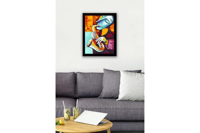 Kehystetty puutaulu canvas-taululla - 41x56 cm - Saksofonia soittava muusikko ilmeikkäine kasvonpiirteineen - Turkoosi / Oranssi / Tummanpunainen - Sisustustuotteet - Taulu & taide