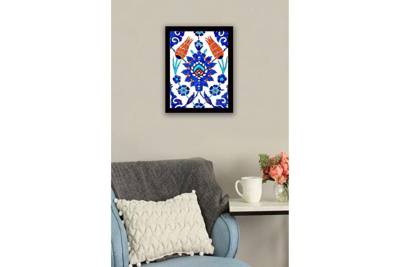 Kehystetty puutaulu canvasille - 41x56 cm - Värikäs kukka-asetelma tyylitellyillä kukilla ja lehdillä - Sininen / Punainen / Vihreä - Sisustustuotteet - Taulu & taide