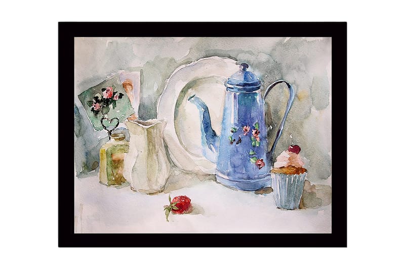 Kehystetty puutaulu canvasille - 41x56 cm - Kaunis kattaus sinisellä kannulla ja leivonnaisilla, Sininen / Valkoinen / Vihreä