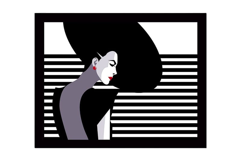 Kehystetty puutaulu canvasille - 41x56 cm - Tyylitelty pitkätukkainen nainen profiilissa, Musta / Valkoinen / Punainen