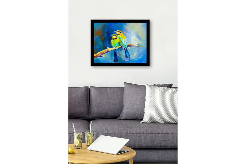 Kehystetty puucanvas - 41x56 cm - Kaksi värikästä lintua oksalla - Vihreä / Sininen / Keltainen - Sisustustuotteet - Taulu & taide
