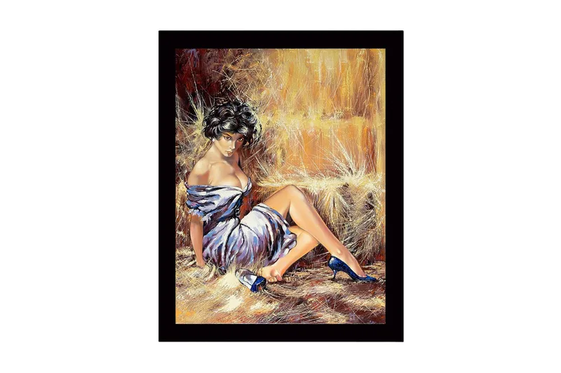 Kehystetty puutaulu canvasille - 41x56 cm - Aistillinen nainen valkoisessa mekossa ja sinisissä kengissä, Valkoinen / Sininen / Beige