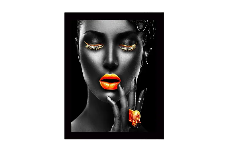 Kehystetty puutaulu canvasille - 41x56 cm - Muotokuva naisesta, jolla on vahvat värit huulilla ja ripsissä, Oranssi / Musta
