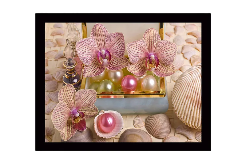 Kehystetty puupohja - 41x56 cm - Ihanat orkideat helmien ja simpukoiden ympäröimänä, Vaaleanpunainen / Vihreä / Helmenvalkoinen