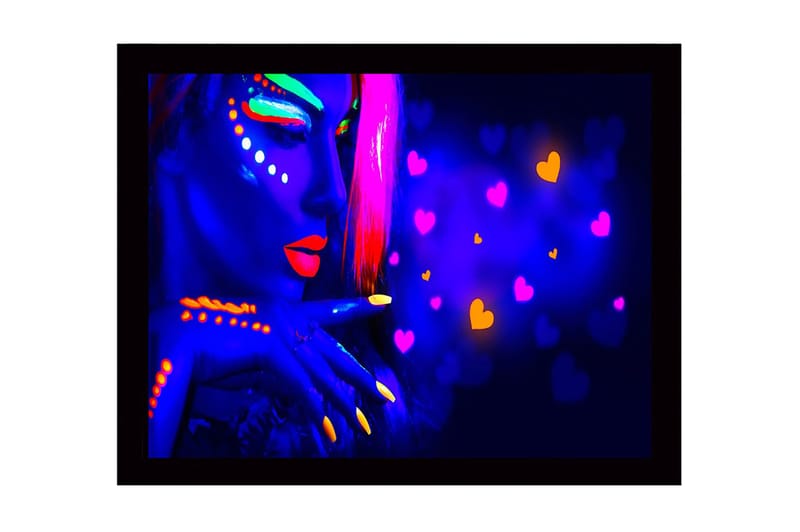 Kehystetty puucanvas - 41x56 cm - Neonvärinen muotokuva naisesta, jolla on voimakkaita kasvomaalauksia, Sininen / Neonoranssi / Vaaleanpunainen