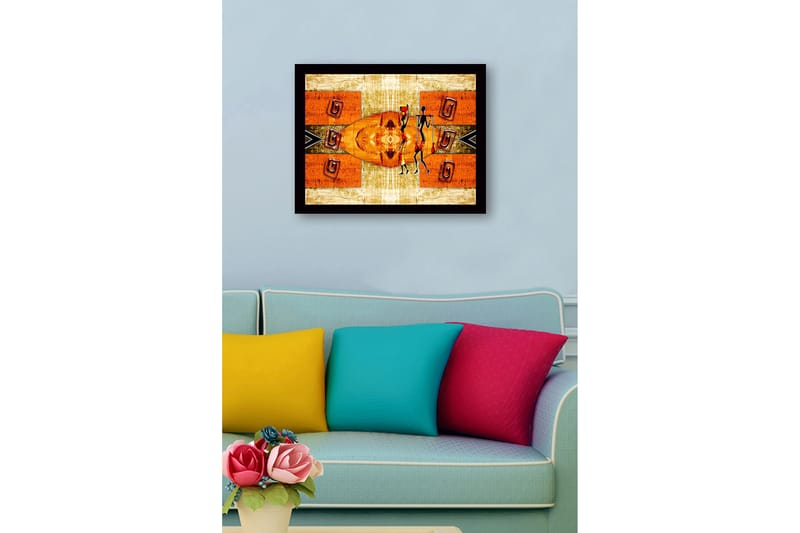 Kehystetty puukangas - 41x56 cm - Abstrakti maisema tyylitellyistä hahmoista, jotka kantavat vesiruukkuja - Oranssi / Musta / Beige - Sisustustuotteet - Taulu & taide