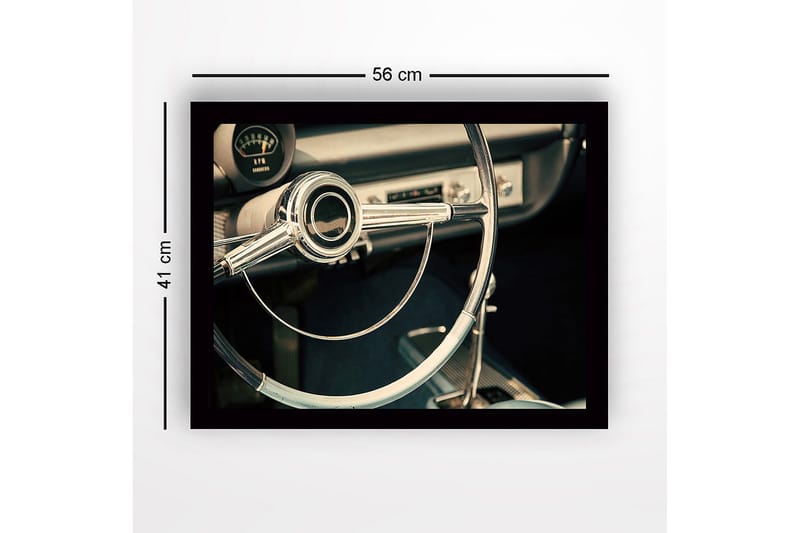 Kehystetty puutaulu canvasille - 41x56 cm - Klassinen auton sisustus kromisella ohjauspyörällä - Kromi / Vaaleansininen / Musta - Sisustustuotteet - Taulu & taide