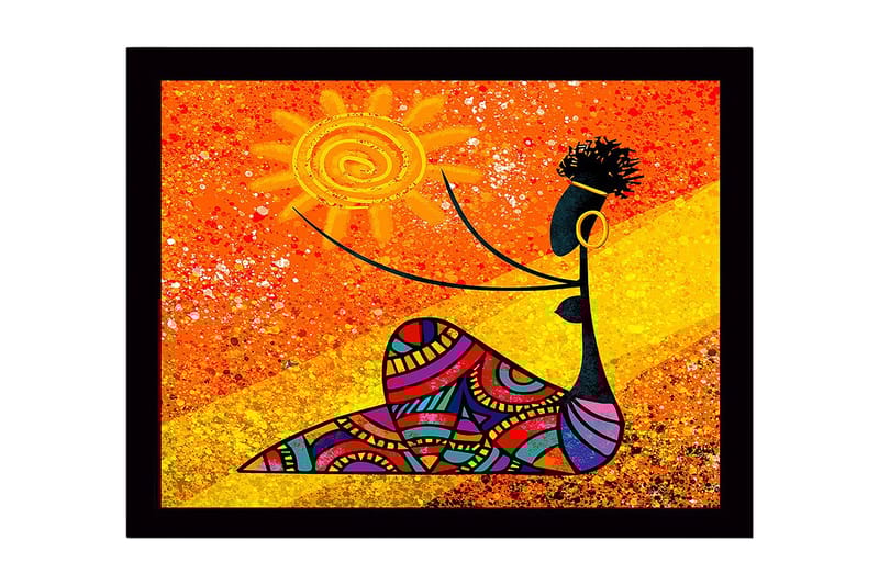 Kehystetty puutaulu canvas-taululla - 41x56 cm - Nainen pitelee aurinkoa värikkäillä kuvioilla, Oranssi / Musta / Keltainen