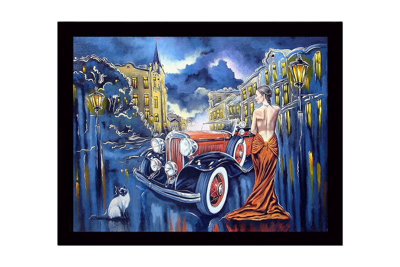Kehystetty puutaulu canvasille - 41x56 cm - Elegantti nainen punaisessa mekossa klassisen auton vieressä kaupunkiympäristössä, Punainen / Musta / Sininen