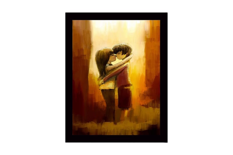 Kehystetty puutaulu canvasille - 41x56 cm - Halaava pari romanttisessa syleilyssä, Kulta / Ruskea / Beige