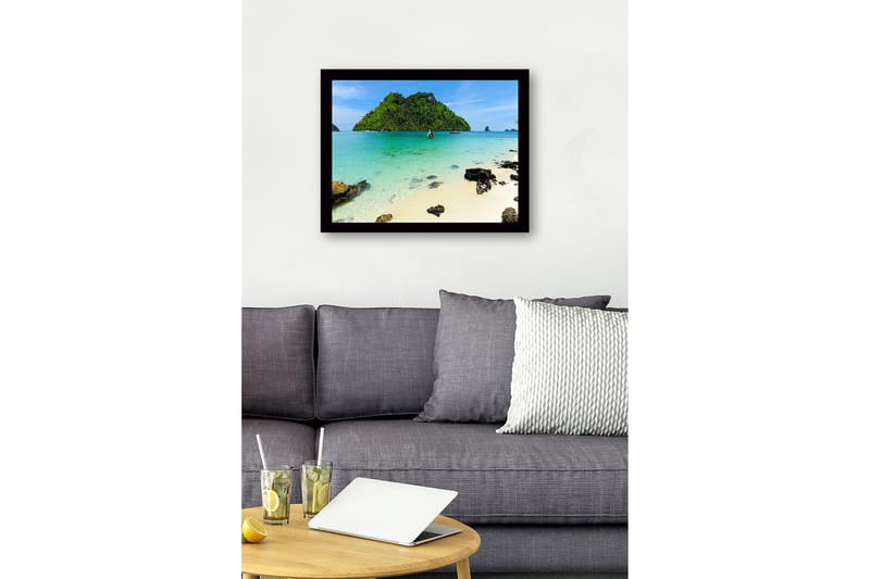 Kehystetty puutaulu canvas-taululla - 41x56 cm - Trooppinen ranta kirkkaan sinisellä vedellä ja rehevillä saarilla - Turkoosi / Vihreä / Beige - Sisustustuotteet - Taulu & taide