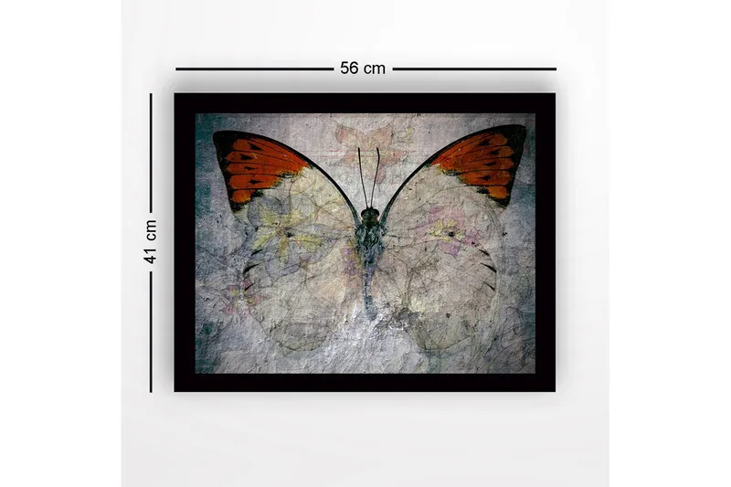 Kehystetty puucanvas - 41x56 cm - Värikäs perhonen kukka-aiheella - Oranssi / Vaaleanharmaa / Vihreä - Sisustustuotteet - Taulu & taide