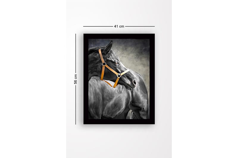 Kehystetty puutaulu canvasille - 41x56 cm - Musta hevonen oranssilla riimulla profiilissa - Musta / Oranssi / Harmaa - Sisustustuotteet - Taulu & taide