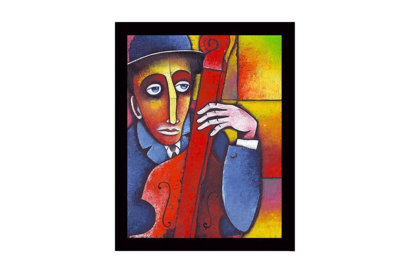 Kehystetty puutaulu canvasille - 41x56 cm - Muusikko kontrabasson kanssa värikkäässä sommitelmassa, Punainen / Sininen / Keltainen