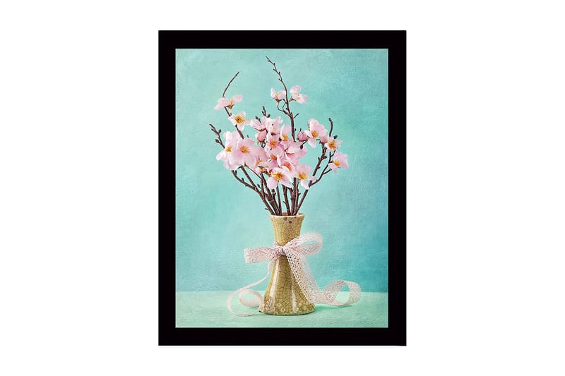 Kehystetty puutaulu canvasille - 41x56 cm - Kaunis vaaleanpunaisten kukkien kimppu keraamisessa maljakossa, Vaaleanpunainen / Vihreä / Turkoosi