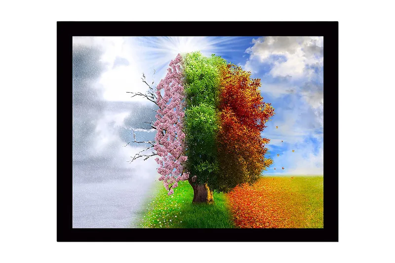 Kehystetty puinen canvas-taulu - 41x56 cm - Puut edustavat neljää vuodenaikaa harmonisessa sommitelmassa, Vaaleanpunainen / Vihreä / Oranssi