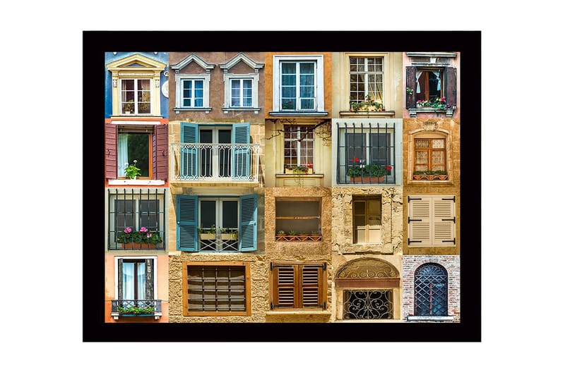 Kehystetty puutaulu canvasille - 41x56 cm - Värikkäät ikkunat ja parvekkeet kaupunkiympäristössä, Sininen / Beige / Ruskea