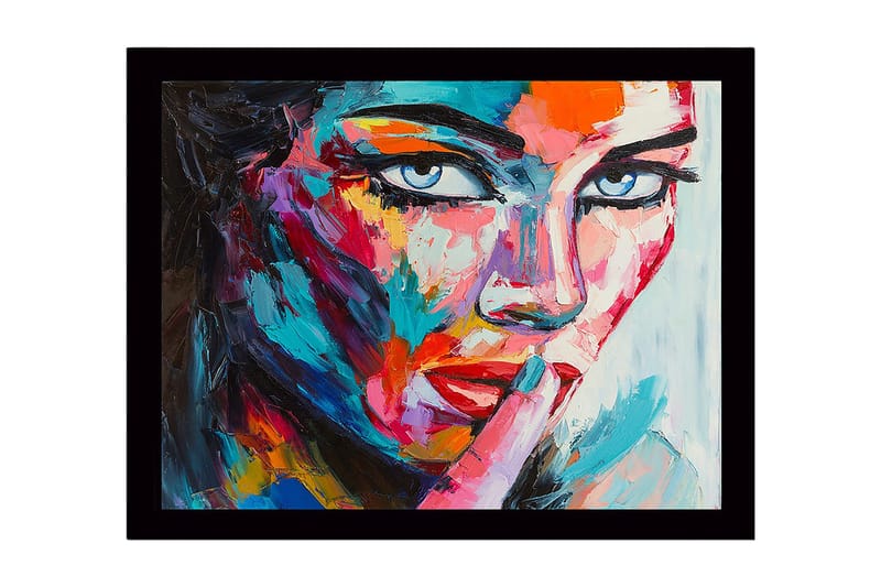 Kehystetty puinen canvas-taulu - 41x56 cm - Muotokuva naisesta salaperäisellä eleellä, Sininen / Punainen / Vaaleanpunainen