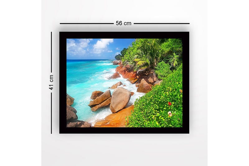 Kehystetty puutaulu canvasille - 41x56 cm - Kaunis ranta kivillä ja turkoosilla vedellä - Turkoosi / Vihreä / Beige - Sisustustuotteet - Taulu & taide