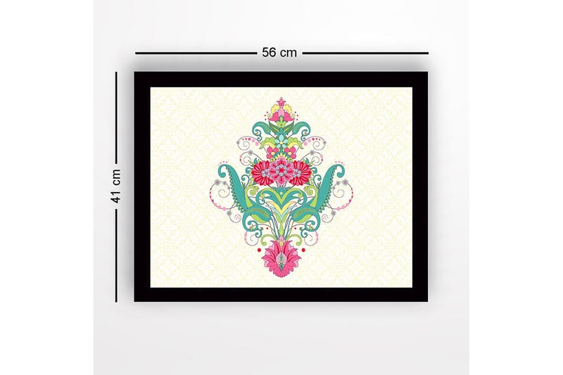 Kehystetty puutaulu canvasille - 41x56 cm - Värikäs kukkakuosi spiraaleilla ja koristeellisilla yksityiskohdilla - Vihreä / Vaaleanpunainen / Turkoosi - Sisustustuotteet - Taulu & taide