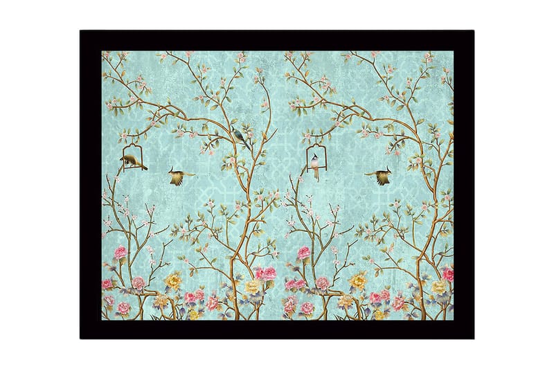 Kehystetty puukangas - 41x56 cm - Värikäs sommitelma linnuista ja kukista rehevässä ympäristössä, Sininen / Vaaleanpunainen / Vihreä