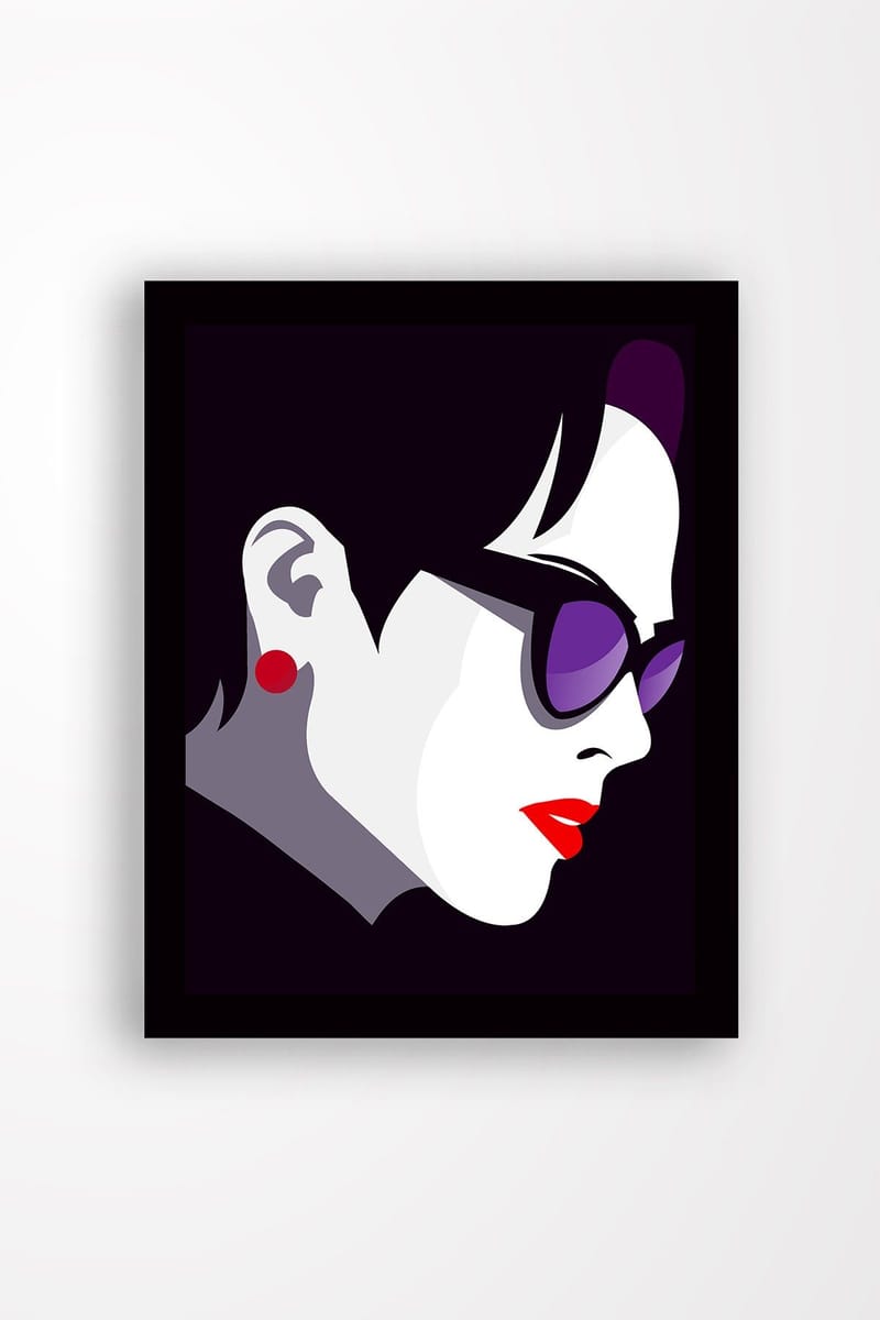 Kehystetty puutaulu canvasille - 41x56 cm - Tyylitelty profiili naisesta aurinkolaseissa, Tummanvioletti / Punainen / Valkoinen