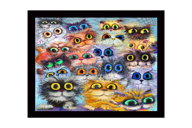 Kehystetty puutaulu canvasille - 41x56 cm - Värikäs kokoelma kissan naamoja suurilla silmillä, Oranssi / Musta / Sininen