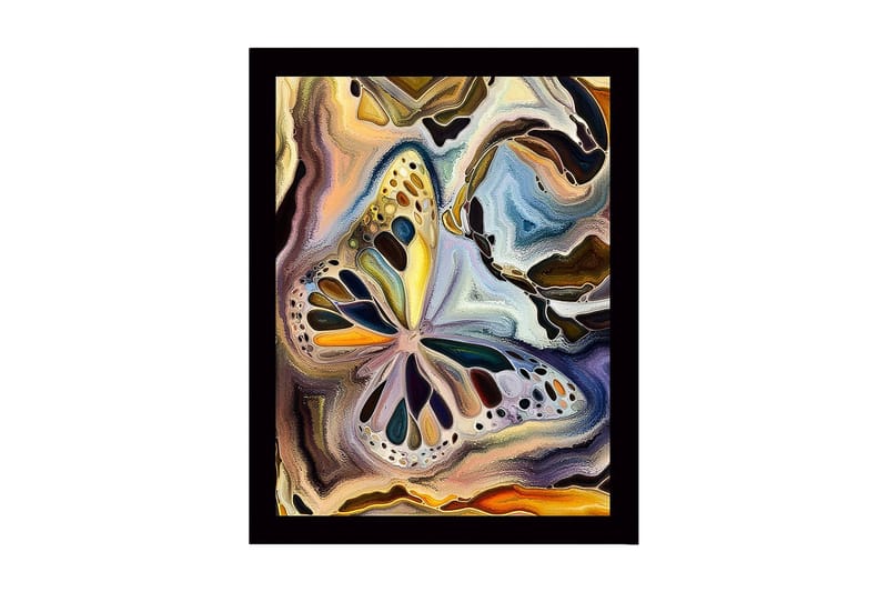 Kehystetty puukangas - 41x56 cm - Värikäs perhonen abstraktissa sommitelmassa, Kulta / Sininen / Musta