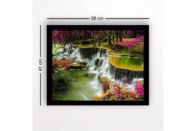 Kehystetty puutaulu canvasille - 41x56 cm - Vesiputous värikkäiden kukkien ja vehreyden ympäröimänä - Vihreä / Vaaleanpunainen / Keltainen - Sisustustuotteet - Taulu & taide