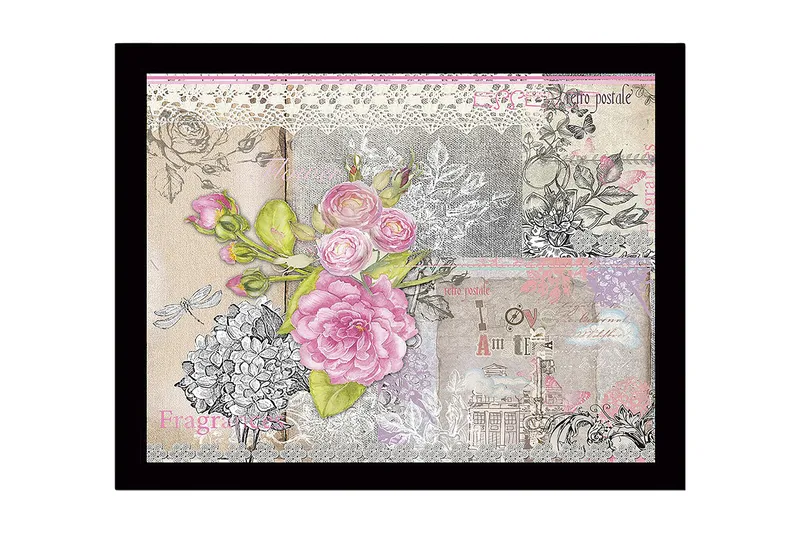 Kehystetty puutaulu canvasille - 41x56 cm - Kukkasommitelma vaaleanpunaisilla ruusuilla ja vintage-tyylisillä yksityiskohdilla, Vaaleanpunainen / Harmaa / Beige