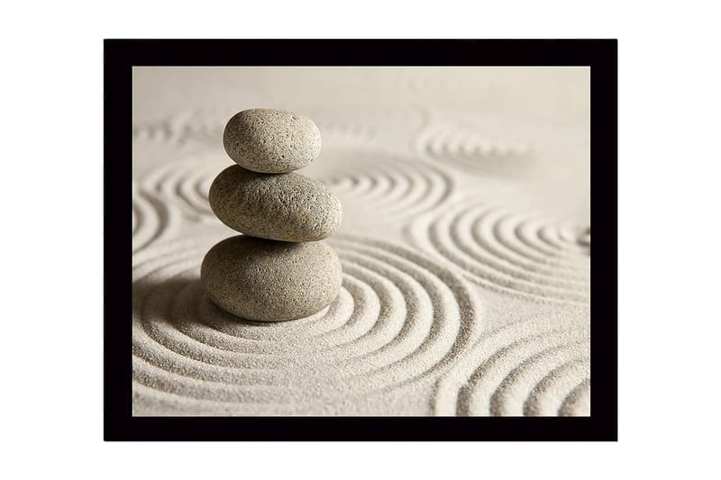 Kehystetty puutaulu canvasille - 41x56 cm - Kivikasa hiekalla pyöreillä kuvioilla, Harmaa / Beige