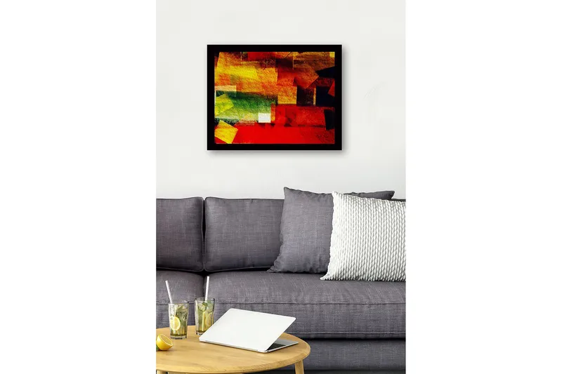 Kehystetty puukangas - 41x56 cm - Abstrakti sommitelma värikkäillä geometrisilla muodoilla - Punainen / Keltainen / Vihreä - Sisustustuotteet - Taulu & taide