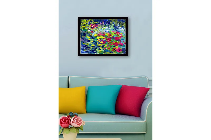 Kehystetty puutaulu canvasille - 41x56 cm - Värikäs kukkaniitty ruusuilla ja vihreillä lehdillä - Vihreä / Punainen / Sininen - Sisustustuotteet - Taulu & taide