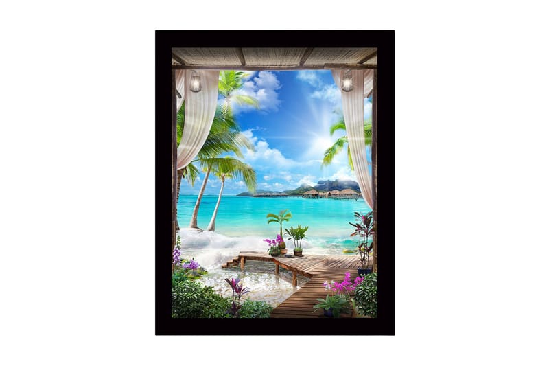 Kehystetty puutaulu canvasille - 41x56 cm - Trooppinen näkymä palmuilla ja kirkkaansinisellä merellä, Turkoosi / Vihreä / Violetti