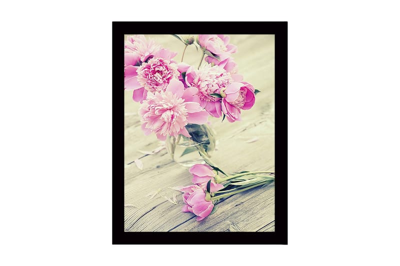 Kehystetty puutaulu canvasille - 41x56 cm - Värikäs pionikimppu lasimaljakossa, Vaaleanpunainen / Vihreä