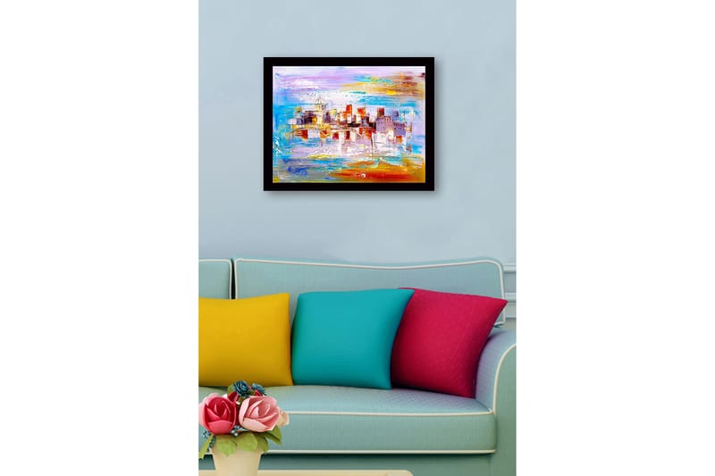 Kehystetty puutaulu canvasille - 41x56 cm - Värikäs kaupunkikuva sillan ja rakennusten siluetteina - Sininen / Oranssi / Violetti - Sisustustuotteet - Taulu & taide