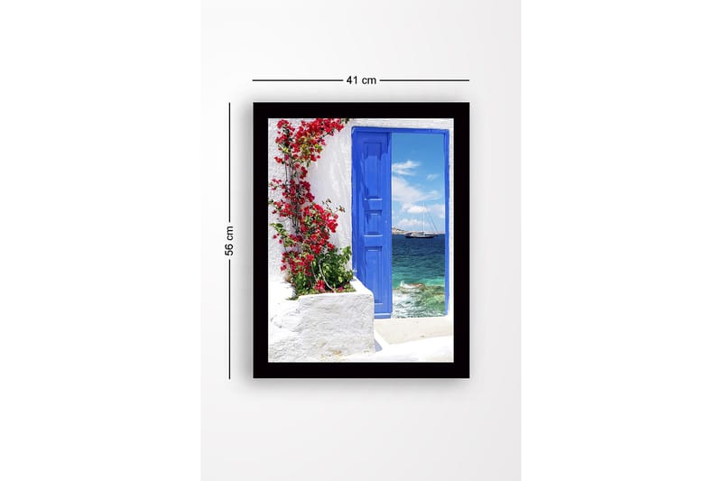 Kehystetty puutaulu canvasille - 41x56 cm - Sininen ovi punaisilla kukilla merinäköalalla - Sininen / Punainen / Valkoinen - Sisustustuotteet - Taulu & taide