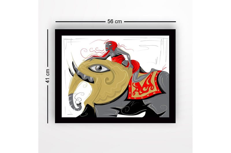 Kehystetty puinen canvas-taulu - 41x56 cm - Norsu ja sen selässä ratsastava punapukuinen nainen - Kulta / Punainen / Musta - Sisustustuotteet - Taulu & taide