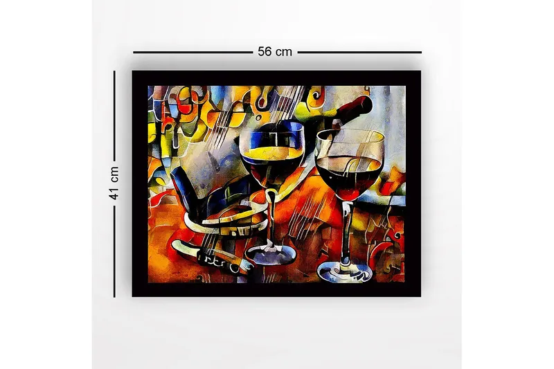 Kehystetty puutaulu canvasille - 41x56 cm - Viinikanna ja lasi viinillä eloisassa sommitelmassa - Kulta / Punainen / Sininen - Sisustustuotteet - Taulu & taide