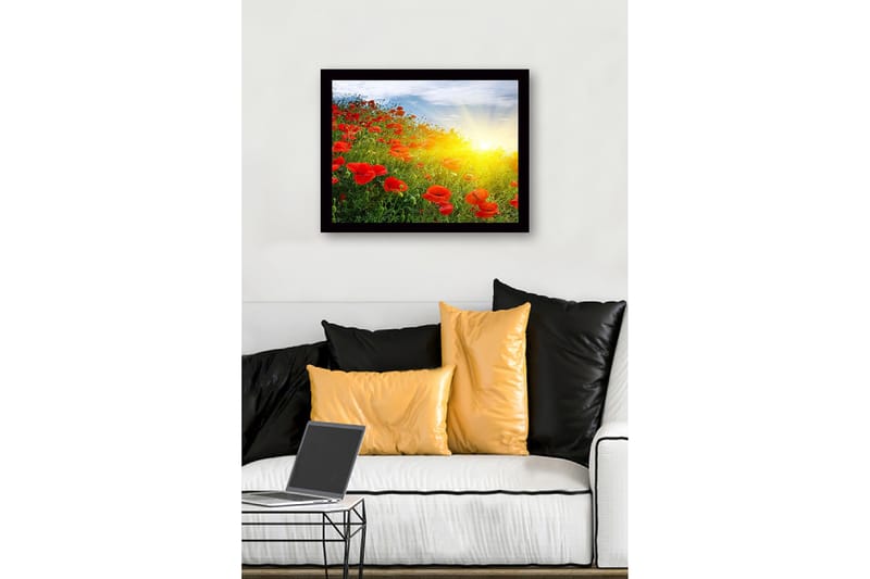 Kehystetty puucanvas - 41x56 cm - Punaisten unikkojen pelto auringonnousun valossa - Punainen / Vihreä / Keltainen - Sisustustuotteet - Taulu & taide