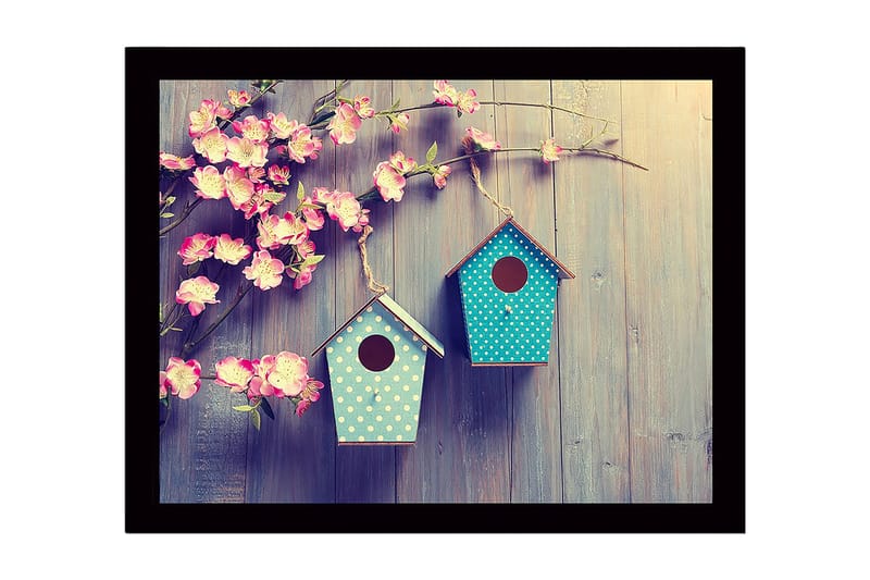 Kehystetty puutaulu canvasille - 41x56 cm - Värikkäät linnunpöntöt kukkien keskellä, Vaaleanpunainen / Turkoosi