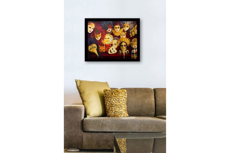 Kehystetty puutaulu canvasille - 41x56 cm - Värikkäitä naamioita erilaisilla ilmeillä ja yksityiskohdilla - Kulta / Punainen / Musta - Sisustustuotteet - Taulu & taide