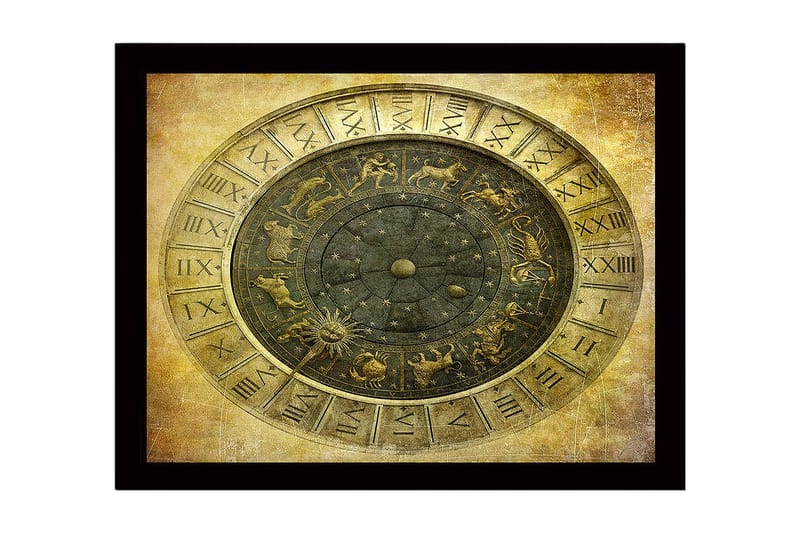 Kehystetty puutaulu canvasille - 41x56 cm - Astrologinen kartta horoskooppimerkeillä ja tähdillä, Kulta / Musta / Harmaa