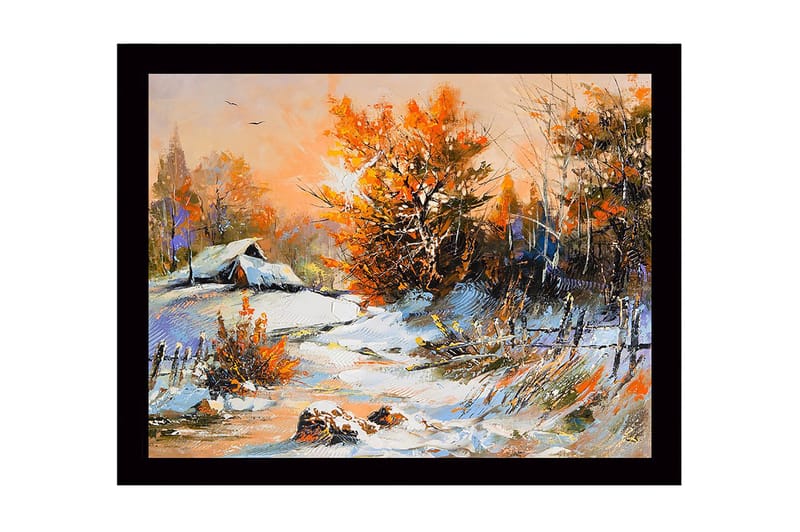 Kehystetty puutaulu canvasille - 41x56 cm - Talvimaisema lumipeitteisillä puilla ja mökillä taustalla, Oranssi / Valkoinen / Sininen