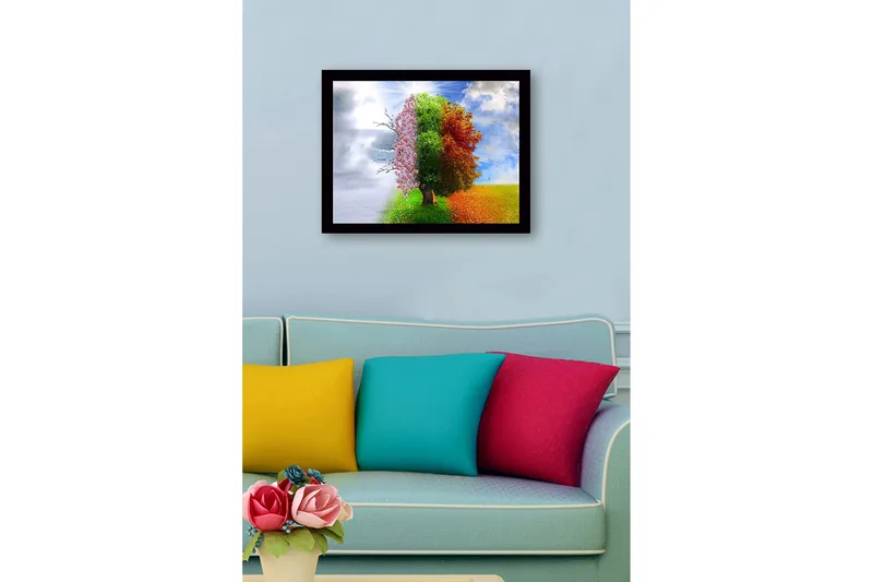 Kehystetty puinen canvas-taulu - 41x56 cm - Puut edustavat neljää vuodenaikaa harmonisessa sommitelmassa - Vaaleanpunainen / Vihreä / Oranssi - Sisustustuotteet - Taulu & taide