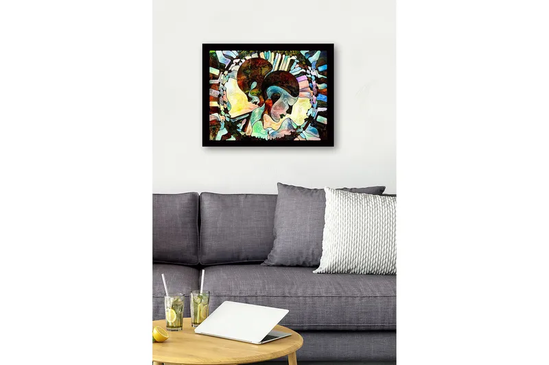 Kehystetty puucanvas - 41x56 cm - Abstrakti sommitelma kahdesta kasvotuksesta yhdessä - Tummanruskea / Vaaleansininen / Beige - Sisustustuotteet - Taulu & taide