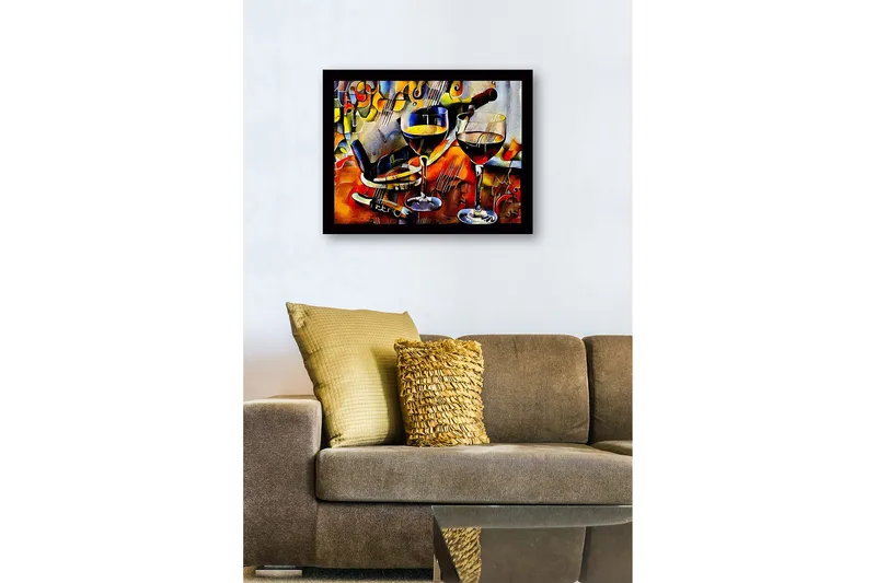 Kehystetty puutaulu canvasille - 41x56 cm - Viinikanna ja lasi viinillä eloisassa sommitelmassa - Kulta / Punainen / Sininen - Sisustustuotteet - Taulu & taide