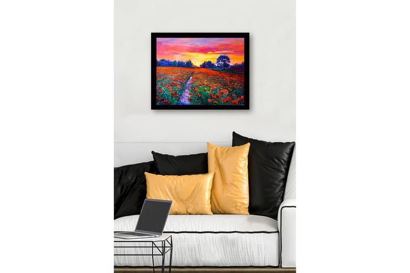 Kehystetty puutaulu canvasille - 41x56 cm - Värikäs unikkoniitty auringonlaskun aikaan - Oranssi / Vihreä / Violetti - Sisustustuotteet - Taulu & taide