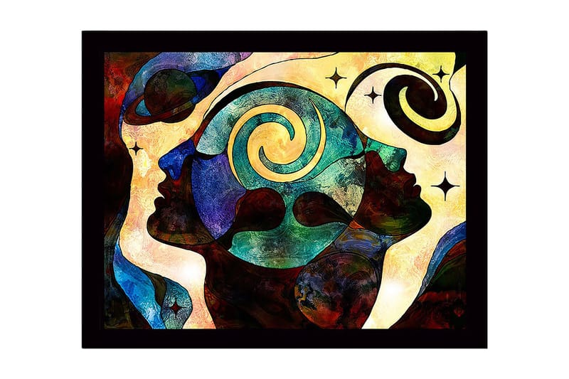 Kehystetty puupohja - 41x56 cm - Abstrakti sommitelma kasvoista, spiraaleista ja tähdistä, Tummansininen / Turkoosi / Punainen