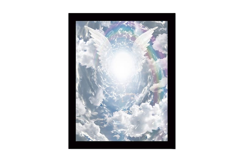 Kehystetty puinen canvas-taulu - 41x56 cm - Kirkkaat enkelin siivet kurottautuvat kohti säteilevää valonlähdettä dramaattisella taivaalla, Valkoinen / Vaaleansininen / Harmaa